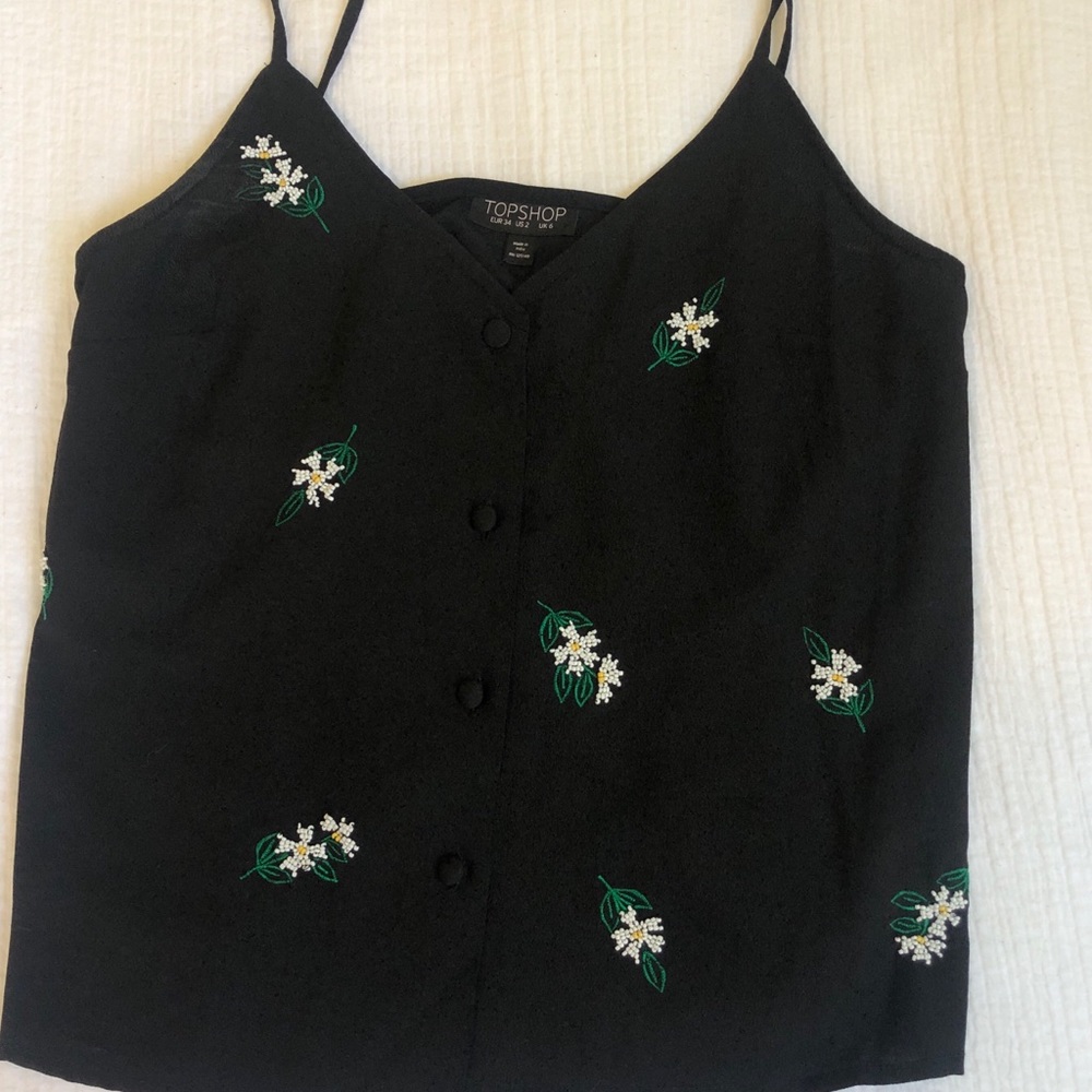 Black button down loose tank top with flowers